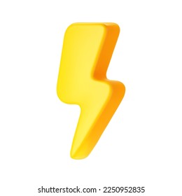 3d yellow thunderbolt, lightning icon isolated on white background. Render of lightning hit, electric strike, flash of thunderbolt. 3d cartoon simple vector illustration