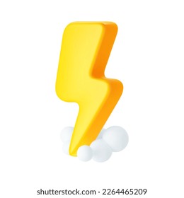 3d yellow thunderbolt with smoke cloud, lightning icons isolated on white background. Render of lightning hit, electric strike, flash of thunderbolt. 3d cartoon simple vector illustration