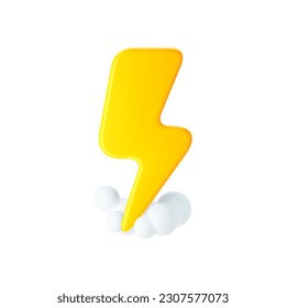 3d yellow thunderbolt with smoke cloud, lightning icons isolated on white background. Render of lightning hit, electric strike, flash of thunderbolt. 3d cartoon simple vector illustration