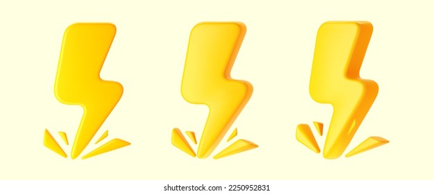 3d yellow thunderbolt with sparks, lightning icons isolated on white background. Render of lightning hit, electric strikes, flash of thunderbolt. 3d cartoon simple vector illustration