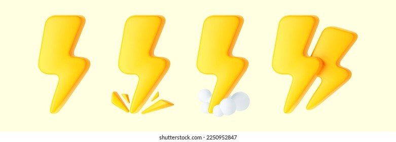 3d yellow thunderbolt with sparks, smoke clouds and double lightning icons on white background. Render of lightning hit, electric strikes, flash of thunderbolt. 3d cartoon simple vector illustration