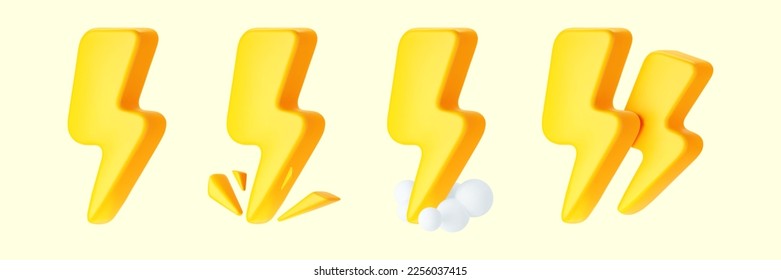 3d yellow thunderbolt with sparks, smoke clouds and double lightning icons on white background. Render of lightning hit, electric strikes, flash of thunderbolt. 3d cartoon simple vector illustration