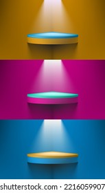 3D Yellow Top - Blue Bottom Cylinder Podium In The Corner Of The Room. EPS10 Vector