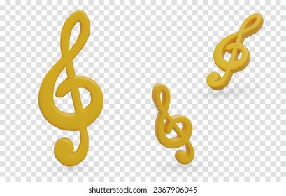 3D yellow treble clef. Musical note symbol for indicating parts of various instruments. Set of isolated icons for music site, application. Vector illustration with shadows