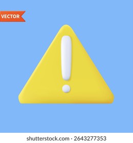3d Yellow triangle button with exclamation point icon Secure signal warning attention caution or error. 3d rendering. Vector illustration