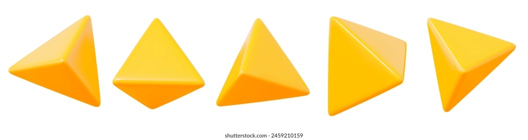 Símbolo o icono de triángulo amarillo 3d con diferentes ángulos. Forma triangular de figura geométrica. Ilustración vectorial de stock sobre fondo aislado.