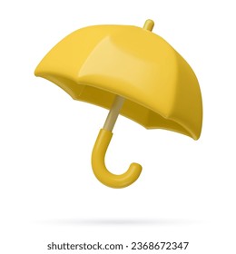 3d yellow umbrella with curved handle. Toy glossy plastic vector element isolated on white background. Autumn three dimensional icon.