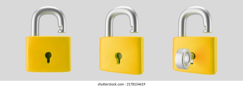 3d yellow unlocked padlock icon set with key isolated on gray background. Render minimal open padlock with a keyhole. Confidentiality and security concept. 3d cartoon simple vector illustration