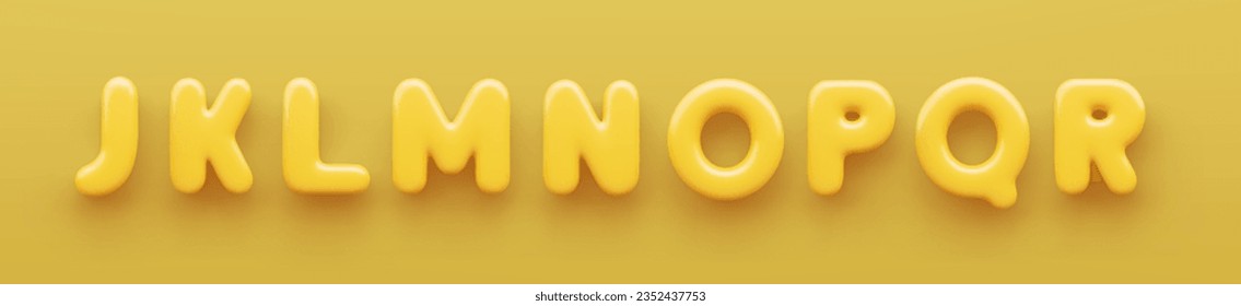 3D Yellow uppercase letters J, K, L, M, N, O, P, Q and R with a glossy surface on a yellow background .