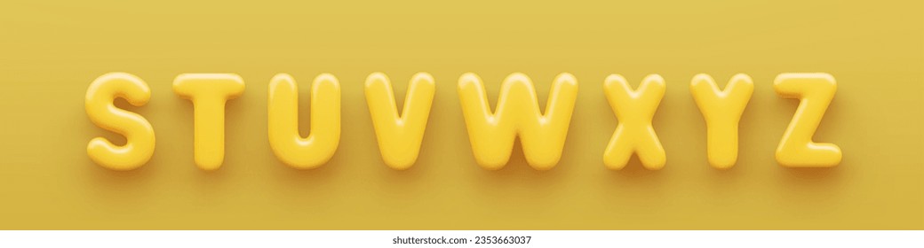 3D-Gelbe Großbuchstaben S, T, U, V, W, X, Y und Z mit glänzender Oberfläche auf gelbem Hintergrund.