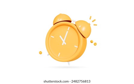 Reloj despertador vintage 3D amarillo. Recordatorio de reunión. Buenos días. Hora de despertar. Fecha o día importante. Trabajo de oficina y plazo. Icono de diseño creativo de dibujos animados. Ilustración vectorial 3D