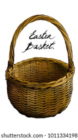 3D yellow vintage black lined Easter basket for eggs. Spring celebration. Easter holiday scenes wicker basket. Vector isolated picnic withe basket on white background. 