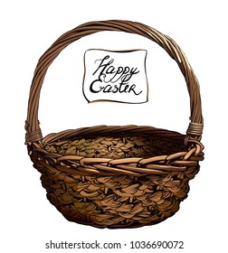 3D yellow vintage black lined Easter basket for eggs. Spring celebration. Easter holiday scenes wicker basket. Vector isolated picnic withe basket on white background.
