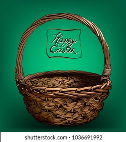 3D yellow vintage black lined Easter basket for eggs. Spring celebration. Easter holiday scenes wicker basket. Vector isolated picnic withe basket on white background.eps8.Greeting card