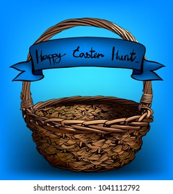 3D yellow vintage black lined Easter basket for eggs. Spring celebration. Easter holiday scenes wicker basket. Vector isolated picnic withe basket on blue background.