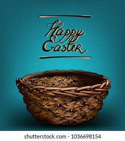 3D yellow vintage  lined Easter basket for eggs. Spring celebration. Easter holiday scenes wicker basket. Vector isolated picnic withe basket on white background. Greeting card