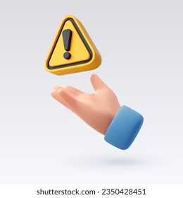 3d Yellow warning sign on human hand, business and finance caution concept. Eps 10 Vector.