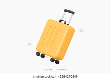 3D Yellow wheeled suitcase for travel. Cabin luggage. Plastic bag for flight. Journey concept. Time to tourism and vacation. Booking your next trip. Cartoon design icon. 3D Vector illustration