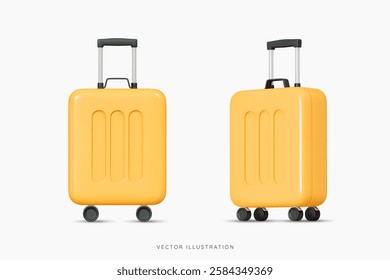 3D Yellow wheeled suitcase for travel. Cabin luggage. Plastic bag for flight. Journey concept. Time to tourism and vacation. Booking your next trip. Cartoon design icon set. 3D Vector illustration