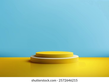 3D yellow and white podium set against a bright blue backdrop, creating a vibrant and modern aesthetic for product displays, mockups, and creative showrooms