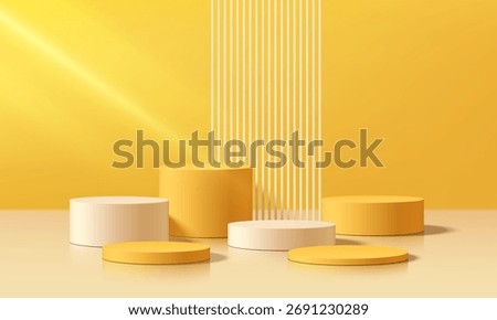 3D yellow, white round product podium set background with empty space wall scene. Abstract geometric composition in minimalist design. studio display showroom pedestal, Fashion stage showcases mockup.