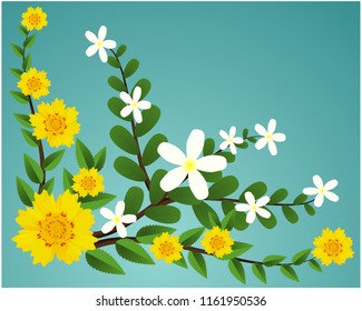 3D Yellow and White texture Blossom Flowers with green leaf branches on Dark Cyan Green background decorated frame with vine style background texture with space vector illustration	