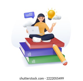 3D Young girl student sitting on pile of books and using laptop. 3D render illustration of e learning and tutorial concept. Student life, online tutorial, seminar, lecture. Courses vector illustration