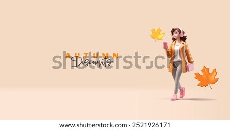3D, A young girl is walking with a coffee, listening to her favorite music, and autumn leaves around. Modern fashion girl for autumn discounts, sales, lifestyle, and leisure concepts. Vector illustrat