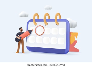 3D Young man with marker checking events in calendar 3D vector illustration. Cartoon office employee planning schedule and agenda. Time management and deadline concept 3D render vector