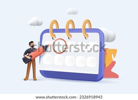 3D Young man with marker checking events in calendar 3D vector illustration. Cartoon office employee planning schedule and agenda. Time management and deadline concept 3D render vector