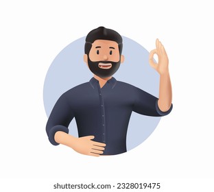 3D young man showing OK sign, smiling and confident. 3D render in cartoon style, vector illustration. Success, good thumb up