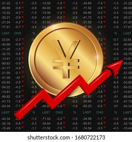 3d Yuan coins with the rising trend line. Vector Money on the background with the Stock Indexes. 