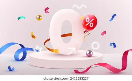 3d zero number with colorful confetti. Zero percent commissions. Vector illusstration