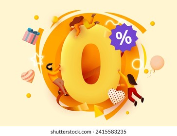 3d zero number with flying people. Zero percent commissions. Vector illusstration