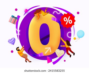 3d cero número con gente voladora. Cero por ciento de comisiones. Ilustración de vectores