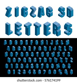 3D Zig Zag Isometric Blue Alphabet, Grouped And Editable