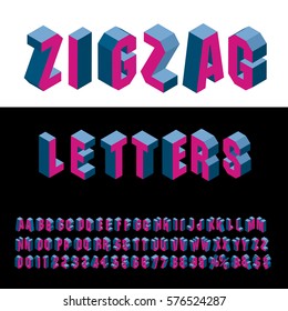 3D Zig Zag Isometric Blue And Red Alphabet, Grouped And Editable