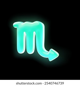 Símbolo 3d do zodíaco Escorpião em azul neon. O símbolo astrológico luminoso é isolado em um fundo preto. Enfatiza os elementos do cosmos e constelações.