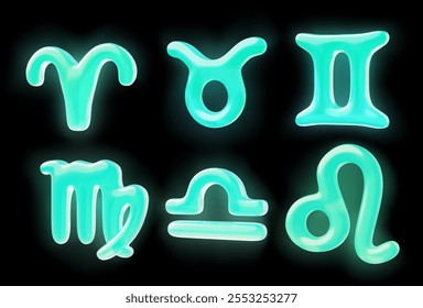 Conjunto de Vector de signos del zodiaco 3D. Símbolos de neón color aguamarina brillante del horóscopo Tauro, Leo, Géminis, Aries, Libra y Virgo. Elemento de diseño de renderizado astrológico iluminado por volumen sobre fondo oscuro