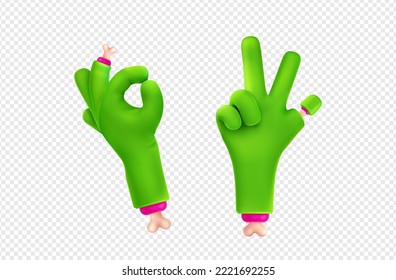 3D zombie hand showing ok and victory gestures. Vector illustration set of green monster fingers with creepy bones isolated on transparent background. Comic Halloween character design elements png