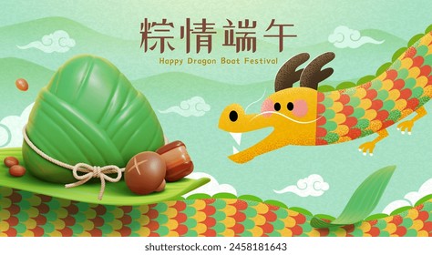 3D zongzi and dragon on mountain background with clouds. Text: Dragon Boat Festive Sentiments