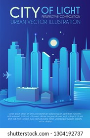 3DCity Concept. Urban Background with Skyscrappers. Perspective Scene. Vector illustration