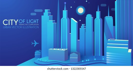 3DCity Concept. Urban Background with Skyscrappers. Perspective Scene. Vector illustration