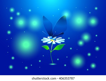 3D,flower,butterfly,green glowing balls ,illustration