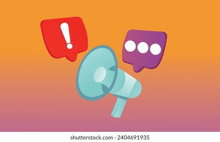 3Dmegaphone speaker or loudspeaker for announce. Comment reply is false, correct, problem, fail alert and announcement with speech bubbles.3d handmade.3d goal for technology,online social media usage.