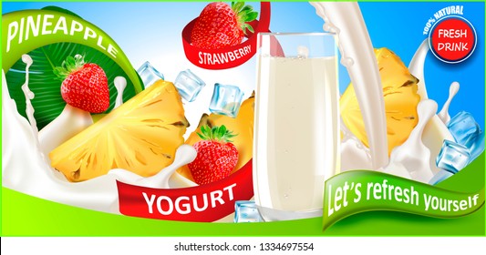 3d.Milk Drink, Yogurt, Cream. Pineapple, Strawberry.
A Splash of milk in a clear glass.Smoothies, Cocktails, Drinks.Falling Ice Cubes.Realistic Let's refresh yourself.Vector package design.