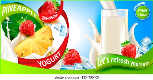 3d.Milk Drink, Yogurt, Cream. Pineapple, Strawberry.
A Splash of milk in a clear glass.Smoothies, Cocktails, Drinks.Falling Ice Cubes.Realistic Let's refresh yourself.Vector package design.