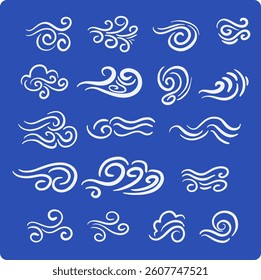 3Doodle wind motion. Isolated vector set of abstract air swirls, blow waves, curve spirals on black background