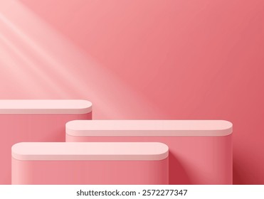 3Dpink round podium set with window lighting wall background. Abstract geometric composition in minimalist design. Studio display showroom stand product pedestal, Fashion stage showcase mockup scene.