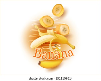 3D.Realistic Banana. Tropical Sweet Fruit on White background.Vector Illustration. Banana slice.Label, sticker, banner for product advertising.